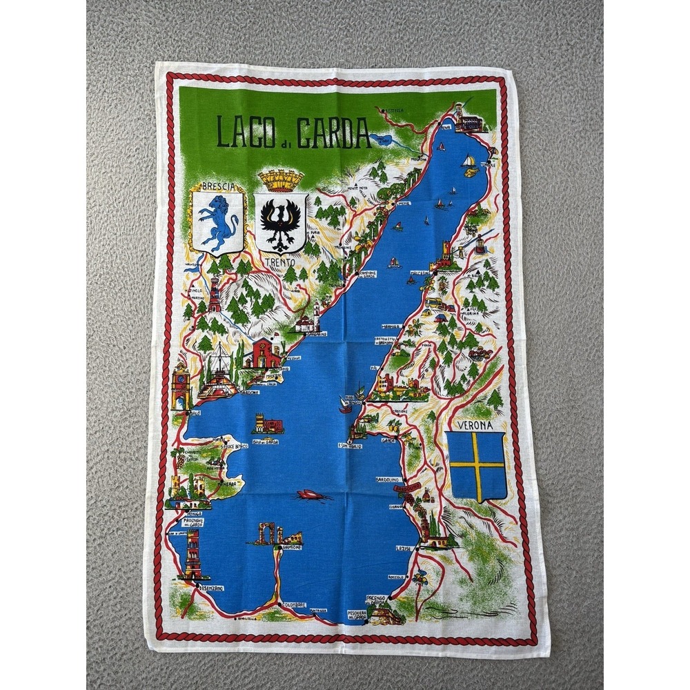 Vintage Lago Di Garda Souvenir Tea Towel Linen MCM Map 34x22